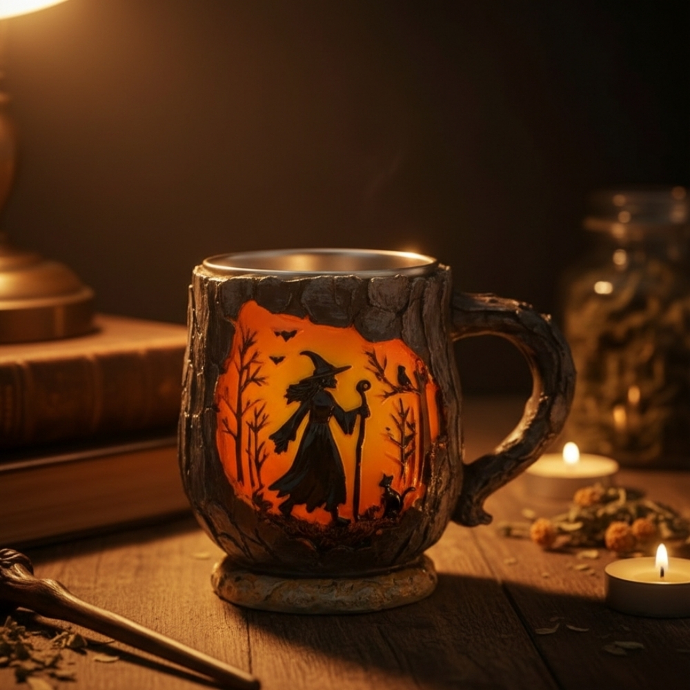 Unbranded NIB Witch & Black Cat Resin Coffee Mug 3.5” Stainless Steel